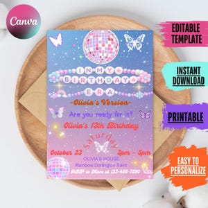 Peut inclure: Une invitation d'anniversaire avec un fond dégradé violet et rose. L'invitation comprend le texte "In My Birthday Era" et "Olivia's 13th Birthday". Les éléments décoratifs comprennent des papillons, une boule disco et des étoiles. C'est un modèle modifiable.
