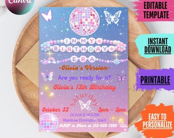 In My Birthday Era Invitation, Friendship Bracelet Invitation, Teen Birthday Girl Music Party Invite, Purple Blue Eras Party, Editable Canva