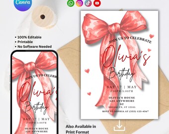 Red Bow Birthday Invitation with hearts, Editable Coquette Birthday Party Invite, Elegant Canva Template, Girl Birthday Evite Canva Digital