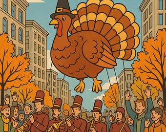 May include: Thanksgiving Parade Coloring Book cover. A large brown turkey balloon wearing a pilgrim hat floats above a marching band and cheering crowd. The book cover features the text "Thanksgiving Parade Coloring Book" and "Scenes from a parade."