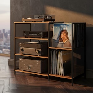 Record Player Stand with Vinyl Storage, Large Turntable Stand Table, Rustic Wood Media Console, Record Storage Shelf, AV Cabinet