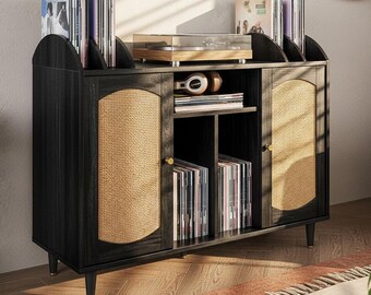 Mid Century Record Player Stand, Vinyl Record Storage Cabinet, Rattan Turntable Stand with Power Outlet, Holds 350 Albums