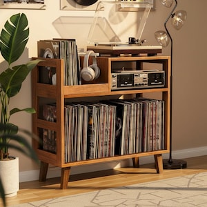 Record Player Stand with Vinyl Storage, Mid Century Modern Turntable Stand, Record Storage Shelf, Wooden Record Console Table