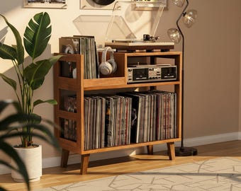 Record Player Stand with Vinyl Storage, Mid Century Modern Turntable Stand, Record Storage Shelf, Wooden Record Console Table