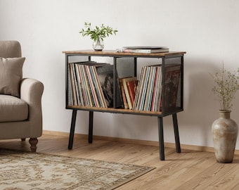 Record Player Stand with Vinyl Record Storage, Turntable Stand Table Holds 200 Albums, Mid Century Record Player Cabinet,Vinyl Storage Shelf