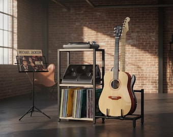 Record Player Stand with Guitar Holder, Vinyl Record Storage, Turntable Stand Table, Mid Century Wood Record Shelf, Music Studio Furniture