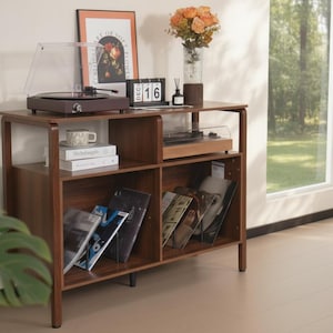Record Player Stand Walnut, Vinyl Record Storage Cabinet, Mid Century Modern Turntable Stand Holds 300 Albums Shelf