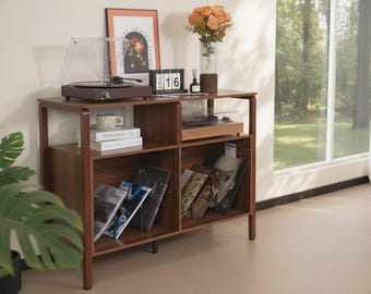Record Player Stand Walnut, Vinyl Record Storage Cabinet, Mid Century Modern Turntable Stand Holds 300 Albums Shelf