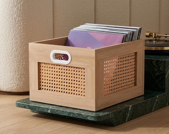 Vinyl Record Storage Crate, Vinyl Record Storage Cube, Rattan Record Holder, Wooden Record Stand, Album Storage for 75 LPs