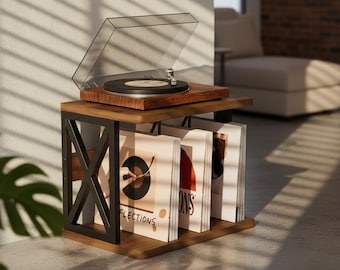 Vinyl Record Player Stand 2 Tier, Vinyl Record Storage 80-100 LPs, Turntable Stand Wood, Record Player Table, Vinyl Holder Shelf