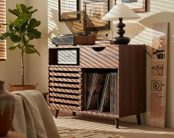Record Player Stand with Storage, Vinyl Record Cabinet Holds 200 Albums, Mid Century Turntable Stand with Power Outlet, Walnut