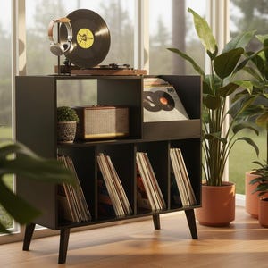 Large Record Player Stand with Vinyl Storage, Turntable Stand Cabinet, Walnut Record Player Table Holds 300 Albums
