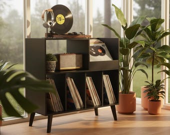 Large Record Player Stand with Vinyl Storage, Turntable Stand Cabinet, Walnut Record Player Table Holds 300 Albums