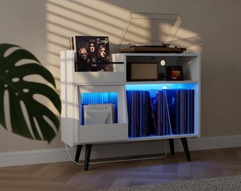 Large Record Player Stand with Vinyl Storage, Turntable Stand with Sliding Doors, LED Light & Charging Station Cabinet
