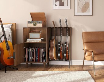 Record Player Stand with Power Outlet & Guitar Rack, Mid Century Vinyl Record Storage Cabinet, Wooden Turntable Stand Shelf