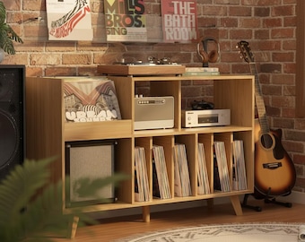 Large Record Player Stand with Vinyl Storage, 48 Inch Turntable Stand, Wooden Record Cabinet Holds 450 Albums