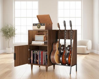 Record Player Stand with Power Outlet & Guitar Rack, Mid Century Vinyl Record Storage Cabinet, Wooden Turntable Stand Shelf