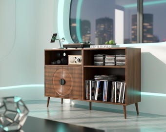 Record Player Stand Mid Century, Vinyl Record Storage Cabinet, Turntable Stand Wood, Album Storage Unit, Large Record Player Table