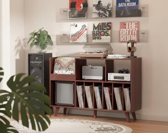 Large Record Player Stand with Vinyl Storage, 48 Inch Turntable Stand, Wooden Record Cabinet Holds 450 Albums