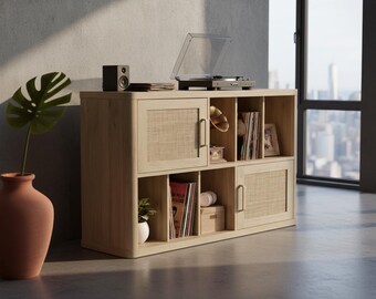 Large Record Player Stand with Vinyl Storage, Boho Rattan Record Cabinet, Mid Century Turntable Stand Holds 400 Albums