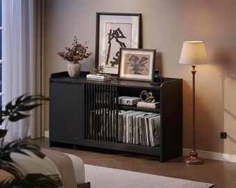 Record Player Stand with Vinyl Storage Cabinet, Turntable Stand with Charging Station, Modern Record Storage Shelf, Large Album Organizer