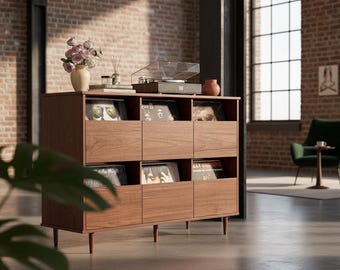 Large Record Player Stand with Vinyl Storage, Mid Century Modern Record Cabinet, Turntable Stand Wood, Vinyl Record Organizer Shelf