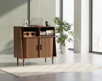Mid Century Record Player Stand Vinyl Storage Cabinet, Turntable Stand with Power Outlet, Holds 350 Albums, Sliding Door Table