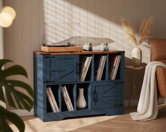 Record Player Stand with Vinyl Storage, Large Turntable Stand Cabinet, Mid Century Modern Record Storage, Farmhouse Vinyl Cabinet Blue