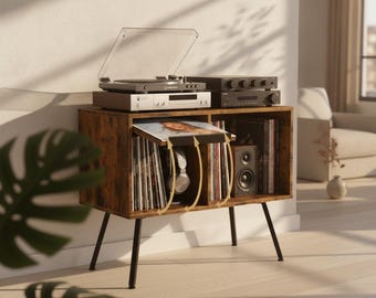 Record Player Stand with Vinyl Record Storage, Mid Century Record Cabinet, Turntable Stand Wood, Holds 150+ Albums