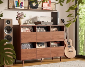Large Record Player Stand with Vinyl Storage, Mid Century Modern Record Cabinet, Turntable Stand Wood, Vinyl Record Organizer Shelf