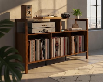 Record Player Stand Walnut, Vinyl Record Storage Cabinet, Mid Century Modern Turntable Stand Holds 300 Albums Shelf