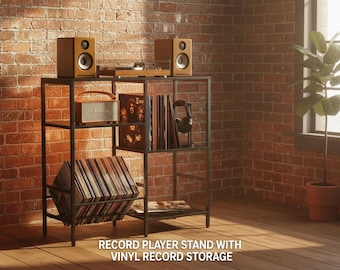 Record Player Stand with Vinyl Storage 300 Albums, Turntable Stand with LED Light, Record Storage Shelf, Vinyl Holder Furniture