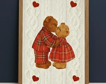 Print kussende teddyberen, geruite Valentijnsdagdecor (digitale download)