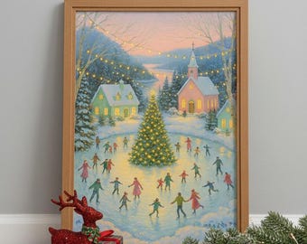 May include: A framed Christmas-themed painting depicts an ice skating scene with a decorated tree, houses, and a church. A red glitter reindeer, ornaments, and a garland are in front of the painting. The frame is made of light brown wood.