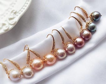 Handmade Baroque Pearl Earrings 14K Gold Plated Copper with Zircons Natural Colors and Shapes bride wedding gift idea