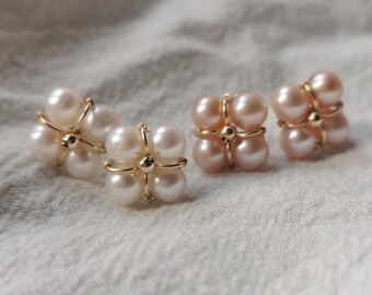 Handmade 14K Gold Filled Freshwater Pearl Earrings Pink & White Round Pearls Elegant Cluster Design for brides and gift ideas