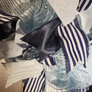 Pu&ograve; includere: Primo piano di una ghirlanda decorativa con un mix di nastri blu e bianchi, rete e tessuto. La ghirlanda ha un tema nautico con nastri a righe blu navy e bianchi e accenti blu e argento pieni. Il design &egrave; stratificato e strutturato.