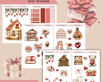 Valentine's Day Stickers – Cozy Planner Stickers, Scrapbook Embellishments (Digital Download A4 Size)