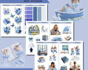 Reading in Blue – Deco Stickers,Printable Sticker Bundle