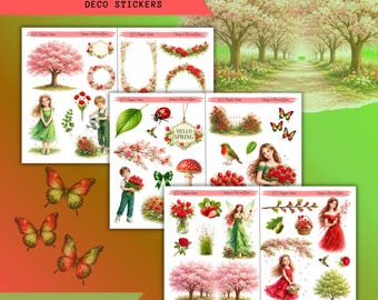 Spring in Red and Green – Deco Stickers,Printable Sticker Bundle