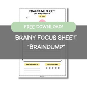 May include: A white paper braindump sheet with a black dotted border, featuring the text BRAINDUMP SHEET, get everything out for today, Today I only need to do, and How full is my head? with five empty circles and a pink brain illustration at the top.