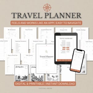 May include: A digital travel planner set featuring multiple white pages with black text and line art, including sections for trip overview, accommodation, and checklists. A tablet and smartphone display the travel dashboard and destination map.