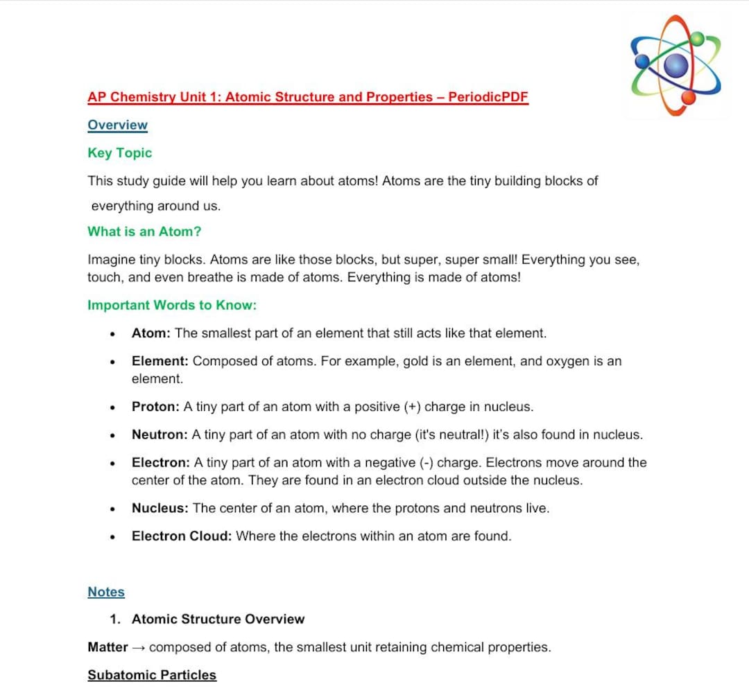 AP CHEM Unit 1 Atomic Structure and Properties Notes/study Guide ...