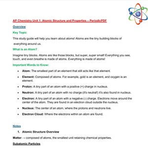Puede incluir: Una guía de estudio titulada "AP Chemistry Unit 1: Atomic Structure and Properties - PeriodicPDF" con texto sobre átomos, elementos, protones, neutrones y electrones. Un diagrama de átomo colorido está en la esquina superior derecha.