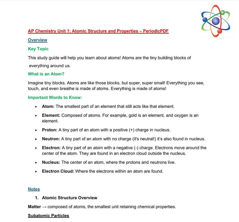 AP CHEM Unit 1 Atomic Structure and Properties Notes/study Guide ...