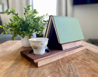 Triangle Wooden Book Stand | Walnut or Pine, Mug Holder
