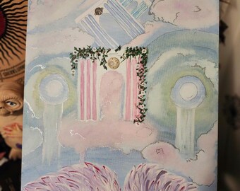 The In Between: Meditative Cloud Architecture Watercolor and Acrylic Painting with Rhodochrosite Crystals