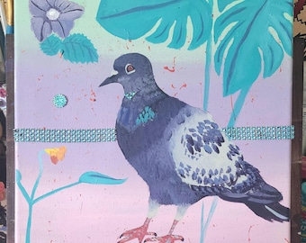 Feral Pigeon: Acrylic Painting with Gemstones (10x10)