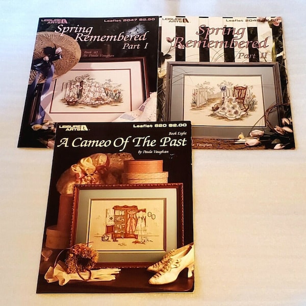 3 PAULA VAUGHAN cross stitch leaflets, Leisure Arts, 520 Cameo of the Past book 8, 2047 and 2048 Spring Remembered Parts 1 and 2