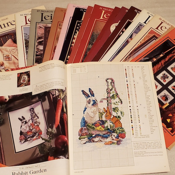 17 LEISURE ARTS Magazines, 1988, 1989, 1990, 1991, 1997, seasons, holidays, pictures, Cross Stitch, ornaments, clothing, quilting, crafts.